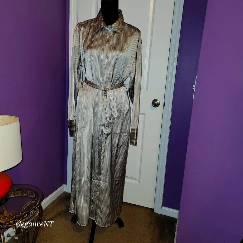 H & M Silver Striped Long Sleeve Button Down Dress Sz: L NWT - Picture 1 of 10